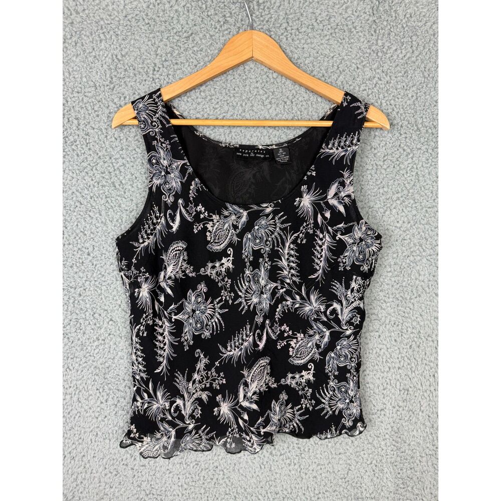 Vintage 90s Silk Tank Top | XL | Black Paisley Floral Whimsigoth Boho - Picture 2 of 4